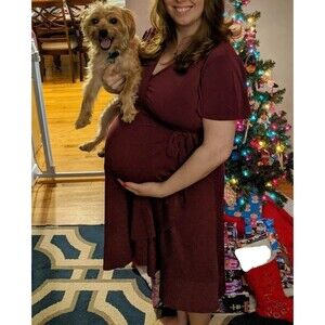 Motherhood Maternity Nursing Dress XL Burgundy Faux Wrap Hi-Low Ruffle Hem